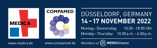 Medica 2022 event banner — Medica and Compamed logos, Düsseldorf, Germany, 14 to 17 November 2022